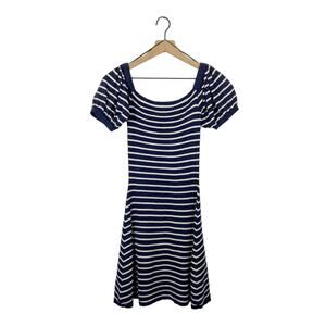 Zara navy and white striped puff sleeve a-line dress